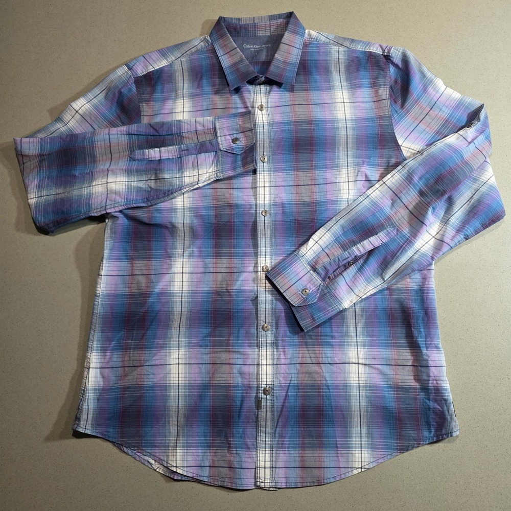 Calvin Klein Jeans Mens Large Purple Blue Plaid Long Sleeve Button Down Shirt